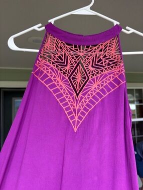 Purple Halter Tank/dress with Pink Geometric Embroidery